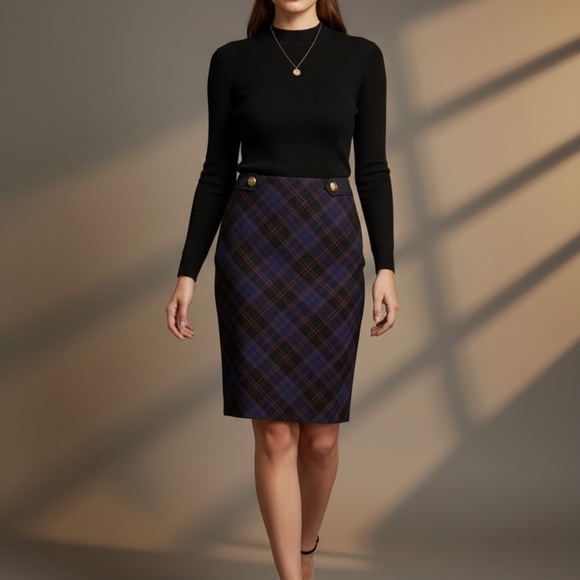 The Limited Tartan Button Pencil Skirt Navy/Red 8 - Picture 1 of 9